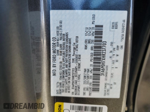 2017 Ford Fusion SE с VIN 3FA6P0H7XHR237703, выставлен на аукционе Copart как лот 43953005 с пробегом 151 225 миль миль и Списание • Salvage title. История ставок и продаж доступна на DreamBid. Изображение 12.