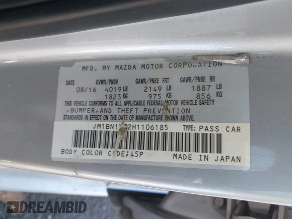 2017 Mazda 3 Touring with VIN JM1BN1V72H1106185, listed as a IAAI auction lot 42697405 with 110,324 mi miles and . Bid and sale history available at DreamBid. Image 9.