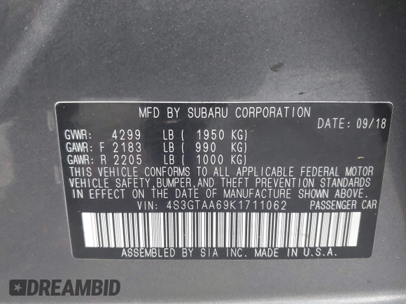 2019 Subaru Impreza with VIN 4S3GTAA69K1711062, listed as a IAAI auction lot 42187136 with 91,423 mi miles and . Bid and sale history available at DreamBid. Image 9.