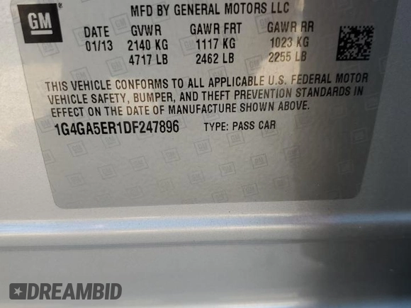 2013 Buick LaCrosse with VIN 1G4GA5ER1DF247896, listed as a Copart auction lot 74377124 with 106,336 mi miles and Clean Title. Bid and sale history available at DreamBid. Image 12.