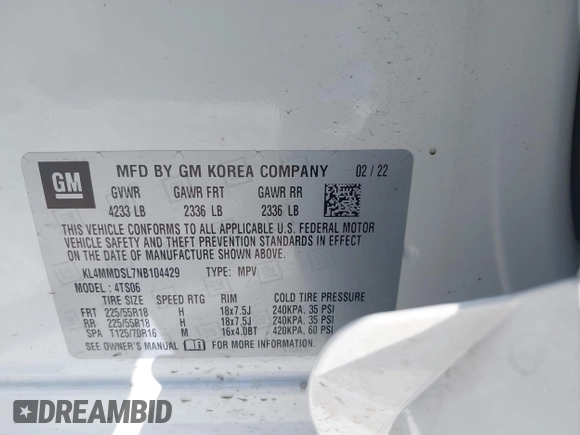 2022 Buick Encore GX Select с VIN KL4MMDSL7NB104429, выставлен на аукционе IAAI как лот 41997126 с пробегом 22 488 миль миль и . История ставок и продаж доступна на DreamBid. Изображение 9.