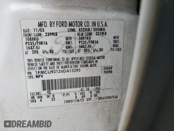 2004 Ford Escape XLT с VIN 1FMCU93124DA15295, выставлен на аукционе Copart как лот 72222414 с пробегом 77 496 миль миль и Списание • Salvage title. История ставок и продаж доступна на DreamBid. Изображение 13.