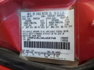 1998 Ford Expedition XLT z VIN 1FMFU18L1WLA02748, wystawiony jako Copart lot #52346135 z przebiegiem Nie podano mil oraz Nie do naprawy • Non repairable. Historia ofert i sprzedaży dostępna na DreamBid. Obrazek 14.