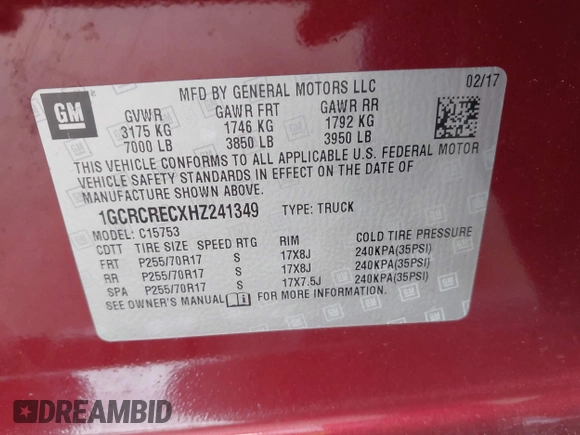 2017 Chevrolet Silverado 1500 LT with VIN 1GCRCRECXHZ241349, listed as a IAAI auction lot 42014523 with 124,703 mi miles and . Bid and sale history available at DreamBid. Image 9.