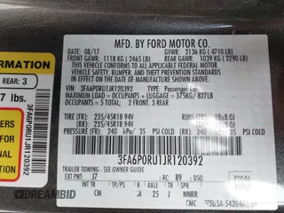 2018 Ford Fusion Titanium with VIN 3FA6P0RU1JR120392, listed as a IAAI auction lot 42145342 with Not provided miles and . Bid and sale history available at DreamBid. Image 9.