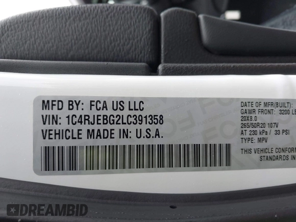 2020 Jeep Grand Cherokee Limited with VIN 1C4RJEBG2LC391358, listed as a IAAI auction lot 41514187 with 66,885 mi miles and . Bid and sale history available at DreamBid. Image 9.