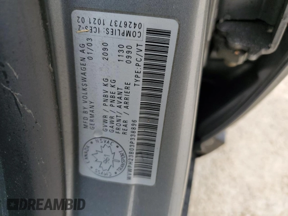 2003 Volkswagen Passat z VIN WVWPH23B03P338896, wystawiony jako Copart lot #74698014 z przebiegiem Nie podano mil oraz Nie do naprawy • Non repairable. Historia ofert i sprzedaży dostępna na DreamBid. Obrazek 13.