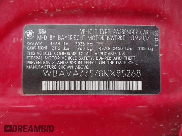 2008 BMW 3 Series 328i z VIN WBAVA33578KX85268, wystawiony jako IAAI lot #42583963 z przebiegiem 186 519 mil mil oraz . Historia ofert i sprzedaży dostępna na DreamBid. Obrazek 9.