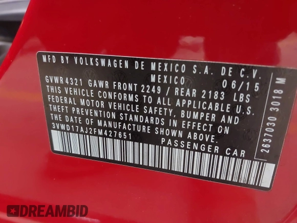 2015 Volkswagen Jetta SE с VIN 3VWD17AJ2FM427651, выставлен на аукционе IAAI как лот 41119547 с пробегом 76 730 миль миль и . История ставок и продаж доступна на DreamBid. Изображение 9.