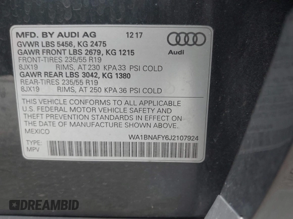 2018 Audi Q5 Premium Plus with VIN WA1BNAFY6J2107924, listed as a IAAI auction lot 41883285 with 110,000 mi miles. Bid and sale history available at carsss.com. Image 9.
