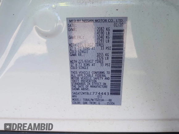 2020 Nissan Rogue S with VIN 5N1AT2MT8LC774443, listed as a IAAI auction lot 42049613 with 61,942 mi miles and . Bid and sale history available at DreamBid. Image 9.