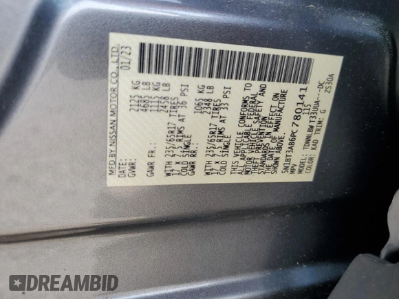 2023 Nissan Rogue S с VIN 5N1BT3AB6PC780141, выставлен на аукционе Copart как лот 58896545 с пробегом 37 824 миль миль и Списание • Salvage title. История ставок и продаж доступна на DreamBid. Изображение 13.