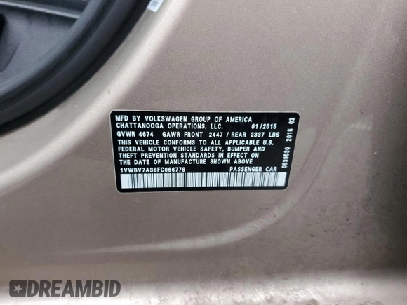 2015 Volkswagen Passat SE z VIN 1VWBV7A38FC066778, wystawiony jako Copart lot #50843015 z przebiegiem 100 790 mil mil oraz Szkoda całkowita • Salvage title. Historia ofert i sprzedaży dostępna na DreamBid. Obrazek 12.