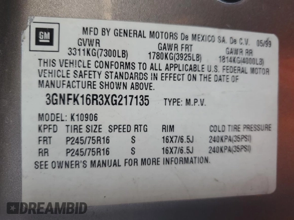 1999 Chevrolet Suburban z VIN 3GNFK16R3XG217135, wystawiony jako Copart lot #57158455 z przebiegiem 200 002 mil mil oraz Czysty tytuł • Clean title. Historia ofert i sprzedaży dostępna na DreamBid. Obrazek 12.