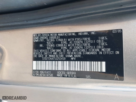 2005 Toyota Sequoia SR5 with VIN 5TDZT34A75S255459, listed as a IAAI auction lot 41055847 with 1 mi miles. Bid and sale history available at carsss.com. Image 9.