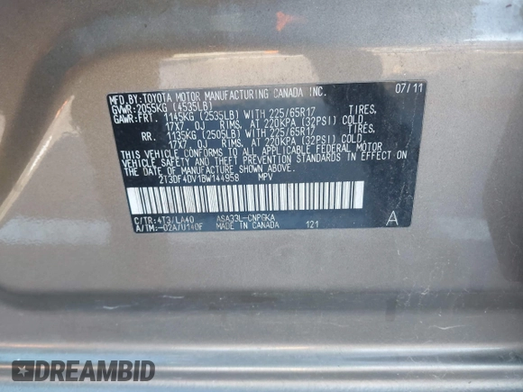 2011 Toyota RAV4 Ltd with VIN 2T3DF4DV1BW144958, listed as a IAAI auction lot 41107903 with 72,074 mi miles. Bid and sale history available at carsss.com. Image 9.