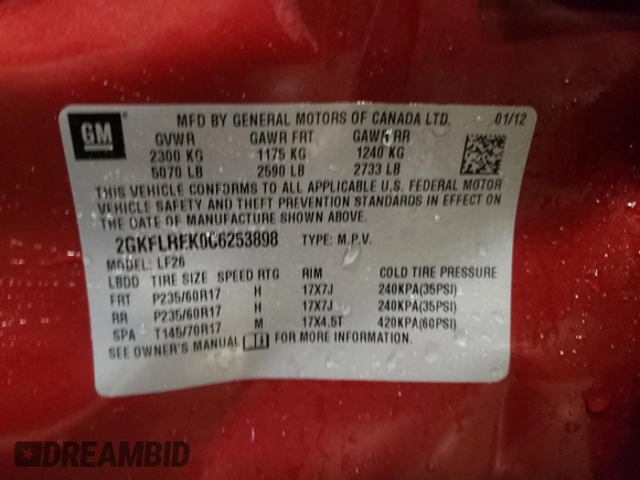2012 GMC Terrain SLE-1 with VIN 2GKFLREK0C6253898, listed as a Copart auction lot 88991435 with 161,989 mi miles and Salvage Title. Bid and sale history available at DreamBid. Image 15.