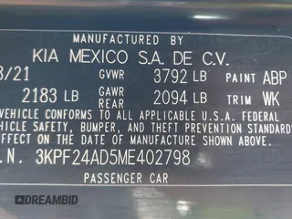 2021 Kia Forte FE with VIN 3KPF24AD5ME402798, listed as a IAAI auction lot 41891158 with 89,250 mi miles. Bid and sale history available at carsss.com. Image 9.