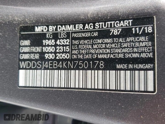 2019 Mercedes-Benz CLA 250 with VIN WDDSJ4EB4KN750178, listed as a Copart auction lot 57566195 with 62,918 mi miles and Salvage title. Bid and sale history available at DreamBid. Image 13.