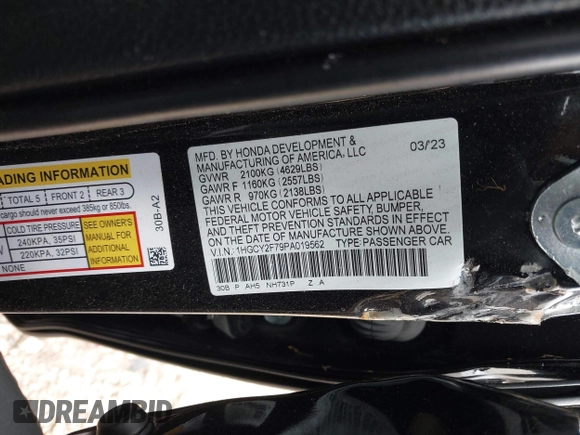 2023 Honda Accord Sport-L with VIN 1HGCY2F79PA019562, listed as a IAAI auction lot 42425089 with Not provided miles and . Bid and sale history available at DreamBid. Image 9.
