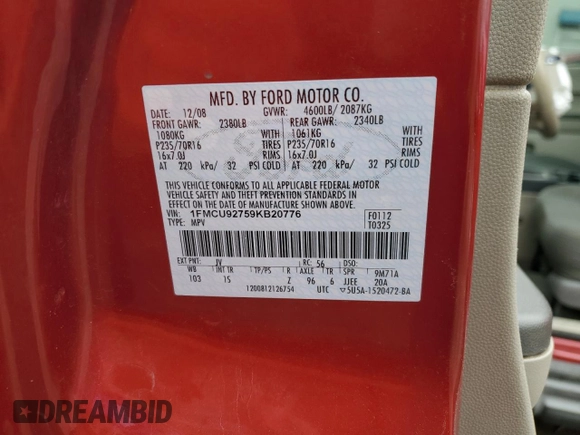 2009 Ford Escape XLS with VIN 1FMCU92759KB20776, listed as a Copart auction lot 41881335 with 227,702 mi miles and Salvage title. Bid and sale history available at DreamBid. Image 12.