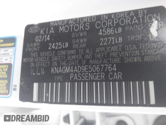 2014 Kia Optima LX with VIN KNAGM4AD9E5067764, listed as a IAAI auction lot 41911424 with 188,121 mi miles and . Bid and sale history available at DreamBid. Image 9.