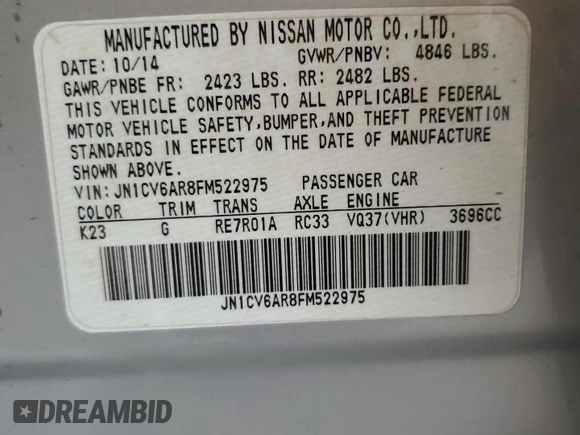 2015 Infiniti Q40 with VIN JN1CV6AR8FM522975, listed as a Copart auction lot 73779604 with 140,315 mi miles and Salvage Title. Bid and sale history available at carsss.com. Image 13.