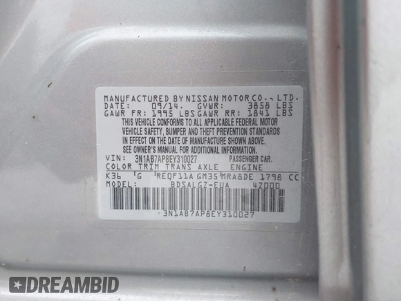 2014 Nissan Sentra S with VIN 3N1AB7AP8EY310027, listed as a IAAI auction lot 41142509 with 130,897 mi miles and . Bid and sale history available at DreamBid. Image 9.