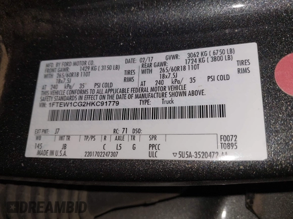 2017 Ford F-150 XL with VIN 1FTEW1CG2HKC91779, listed as a IAAI auction lot 42381248 with 186,376 mi miles and . Bid and sale history available at DreamBid. Image 9.