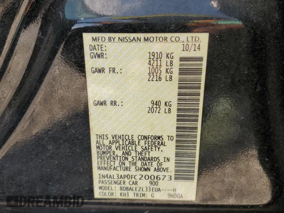 2015 Nissan Altima 2.5 with VIN 1N4AL3AP0FC200673, listed as a Copart auction lot 60158345 with 152,557 mi miles and Salvage title. Bid and sale history available at DreamBid. Image 13.