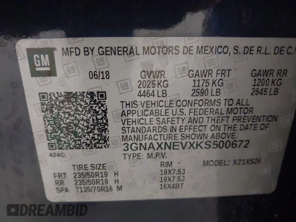 2019 Chevrolet Equinox Premier z VIN 3GNAXNEVXKS500672, wystawiony jako IAAI lot #42042922 z przebiegiem 77 440 mil mil oraz . Historia ofert i sprzedaży dostępna na DreamBid. Obrazek 9.