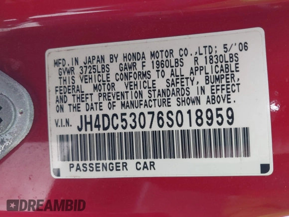 2006 Acura RSX Type S с VIN JH4DC53076S018959, выставлен на аукционе IAAI как лот 40504609 с пробегом 148 796 миль миль и . История ставок и продаж доступна на DreamBid. Изображение 9.