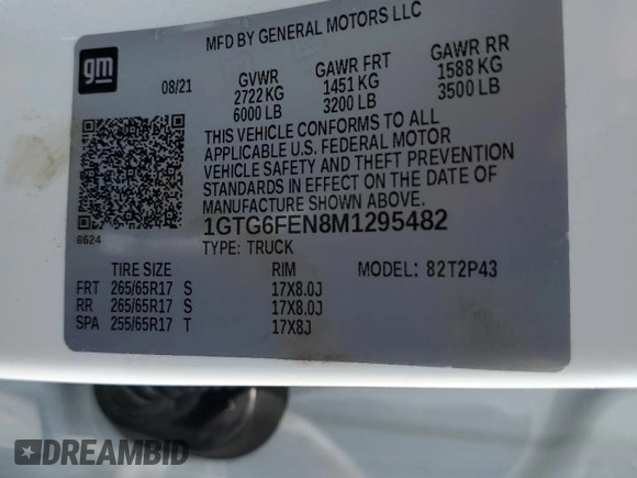 2021 GMC Canyon 4WD AT4 w/Cloth with VIN 1GTG6FEN8M1295482, listed as a Copart auction lot 59433404 with 34,637 mi miles and Non Repairable. Bid and sale history available at carsss.com. Image 13.