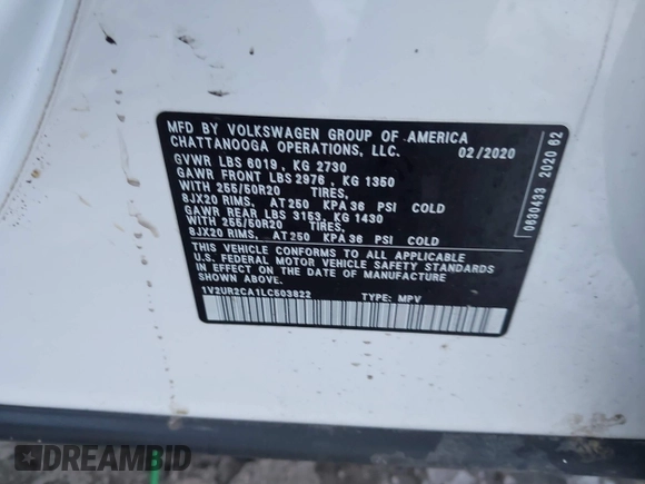2020 Volkswagen Atlas SE with VIN 1V2UR2CA1LC503822, listed as a IAAI auction lot 41546769 with 66,220 mi miles and . Bid and sale history available at DreamBid. Image 9.