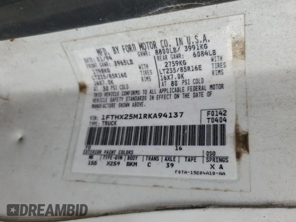 1994 Ford F-250 with VIN 1FTHX25M1RKA94137, listed as a Copart auction lot 47474555 with 163,446 mi miles and Clean Title. Bid and sale history available at DreamBid. Image 12.