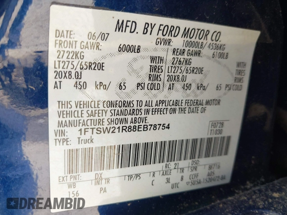 2008 Ford F-250 XL with VIN 1FTSW21R88EB78754, listed as a IAAI auction lot 42331377 with 291,114 mi miles and . Bid and sale history available at DreamBid. Image 9.