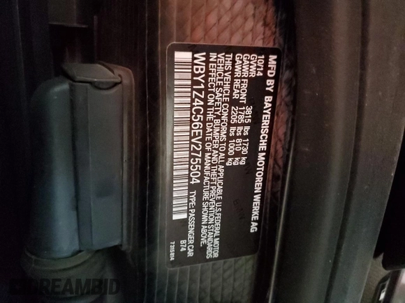 2014 BMW i3 with VIN WBY1Z4C56EV275504, listed as a Copart auction lot 57070015 with Not provided miles and Salvage title. Bid and sale history available at DreamBid. Image 12.