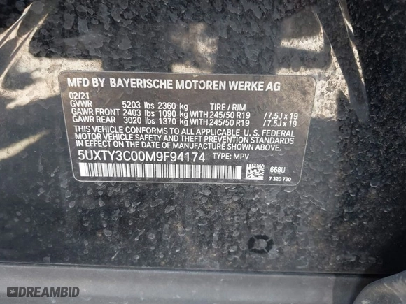 2021 BMW X3 sDrive30i with VIN 5UXTY3C00M9F94174, listed as a IAAI auction lot 41628837 with 53,996 mi miles. Bid and sale history available at carsss.com. Image 9.