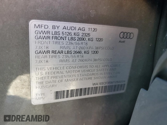 2021 Audi Q3 S line Premium Plus с VIN WA1EECF35M1056004, выставлен на аукционе Copart как лот 51042435 с пробегом 53 312 миль миль и Списание • Salvage title. История ставок и продаж доступна на DreamBid. Изображение 13.