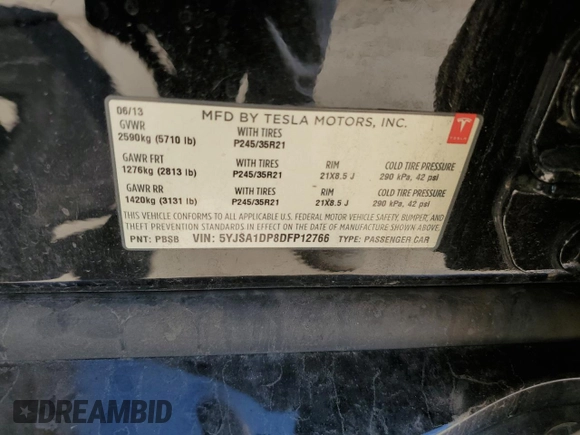 2013 Tesla Model S Performance с VIN 5YJSA1DP8DFP12766, выставлен на аукционе Copart как лот 50314155 с пробегом 55 820 миль миль и Списание • Salvage title. История ставок и продаж доступна на DreamBid. Изображение 14.