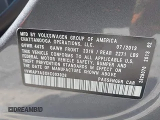 2014 Volkswagen Passat S with VIN 1VWAP7A3XEC003928, listed as a IAAI auction lot 42483100 with 132,117 mi miles and . Bid and sale history available at DreamBid. Image 9.