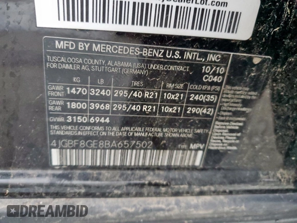 2011 Mercedes-Benz GL-Class GL 550 with VIN 4JGBF8GE8BA657502, listed as a Copart auction lot 51802615 with 180,808 mi miles and Clean Title. Bid and sale history available at carsss.com. Image 12.
