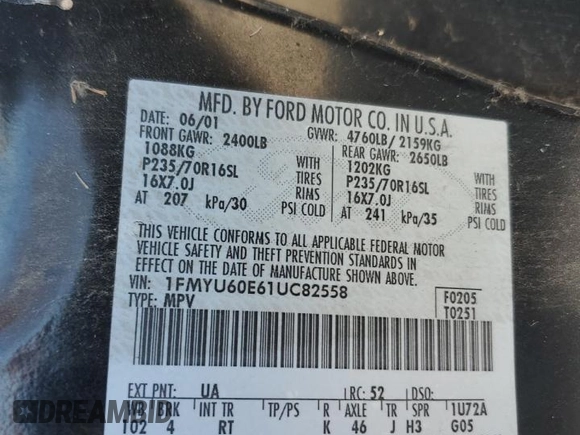 2001 Ford Explorer Sport с VIN 1FMYU60E61UC82558, выставлен на аукционе Copart как лот 81159674 с пробегом Не указан миль и Чистый • Clean title. История ставок и продаж доступна на DreamBid. Изображение 12.