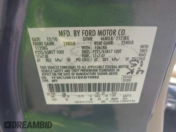 2011 Ford Escape Limited with VIN 1FMCU9EG1BKB19982, listed as a IAAI auction lot 42053239 with 247,669 mi miles. Bid and sale history available at carsss.com. Image 9.