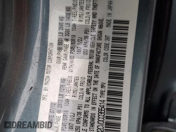 2012 Mazda CX-9 Touring with VIN JM3TB2CV0C0365414, listed as a Copart auction lot 60175895 with 132,826 mi miles and Salvage title. Bid and sale history available at DreamBid. Image 14.