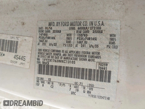 1998 Ford F-150 with VIN 1FTZX1763WKC13105, listed as a IAAI auction lot 42546968 with 181,258 mi miles and . Bid and sale history available at DreamBid. Image 9.