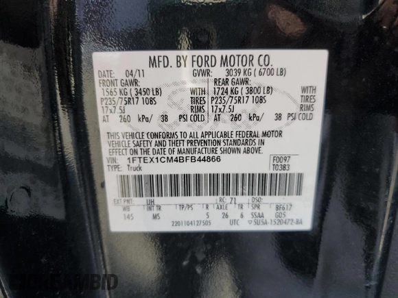 2011 Ford F-150 XL with VIN 1FTEX1CM4BFB44866, listed as a Copart auction lot 49444575 with 197,093 mi miles and Salvage Title. Bid and sale history available at carsss.com. Image 14.
