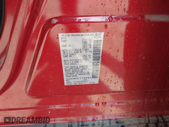 2014 Nissan Pathfinder S with VIN 5N1AR2MM2EC719481, listed as a IAAI auction lot 42041932 with 113,794 mi miles and . Bid and sale history available at DreamBid. Image 9.