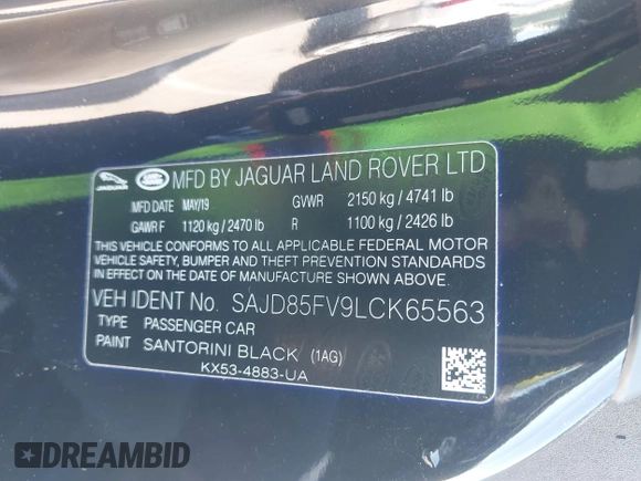 2020 Jaguar F-Type with VIN SAJD85FV9LCK65563, listed as a IAAI auction lot 41862418 with 22,807 mi miles and . Bid and sale history available at DreamBid. Image 9.