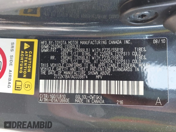 2010 Lexus RX 350 z VIN 2T2ZK1BA1AC039874, wystawiony jako IAAI lot #42146992 z przebiegiem 162 354 mil mil oraz . Historia ofert i sprzedaży dostępna na DreamBid. Obrazek 9.